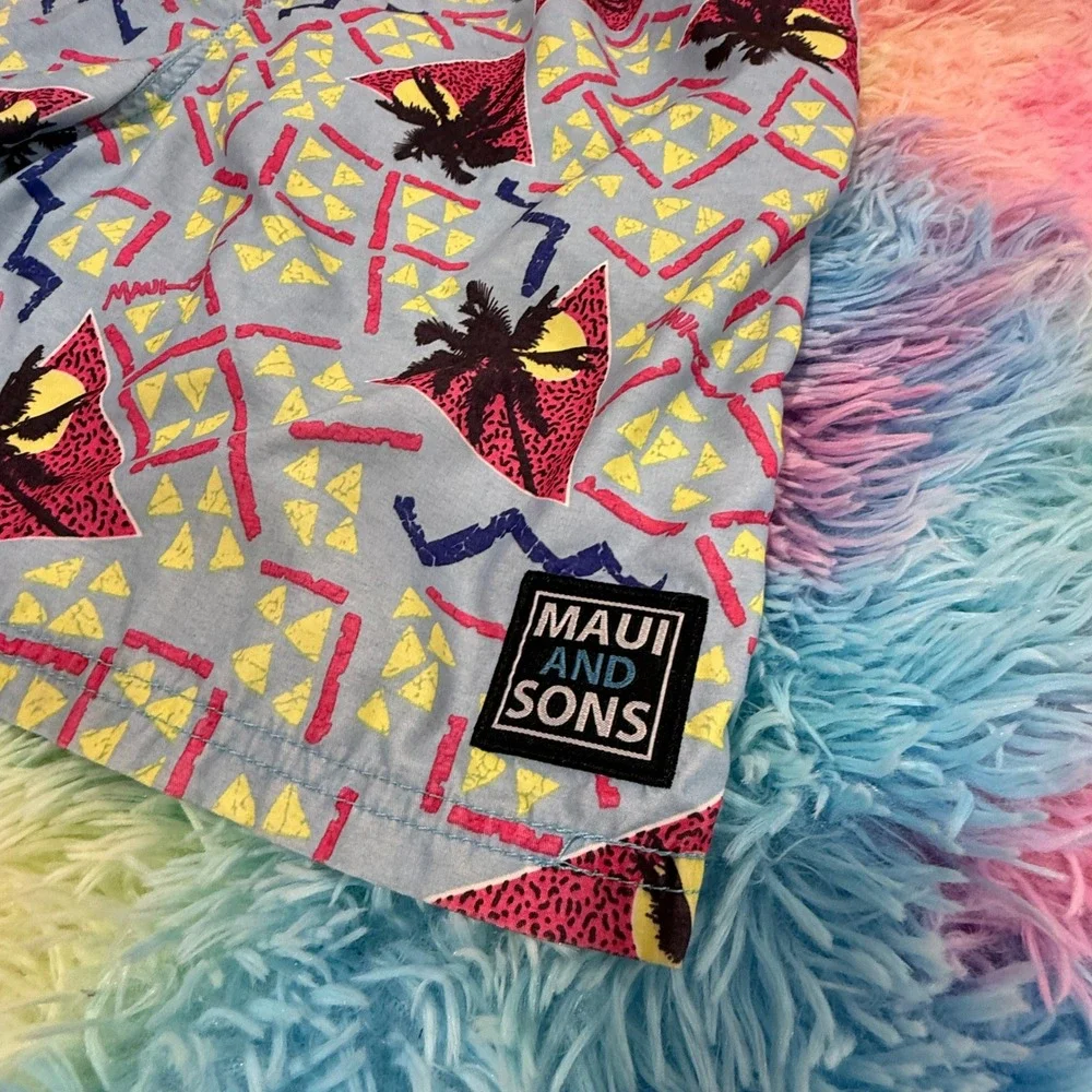 Maui and Sons Mens Blue 80s Retro Palm Tree‎ Geometric Print Swim Trunks Large